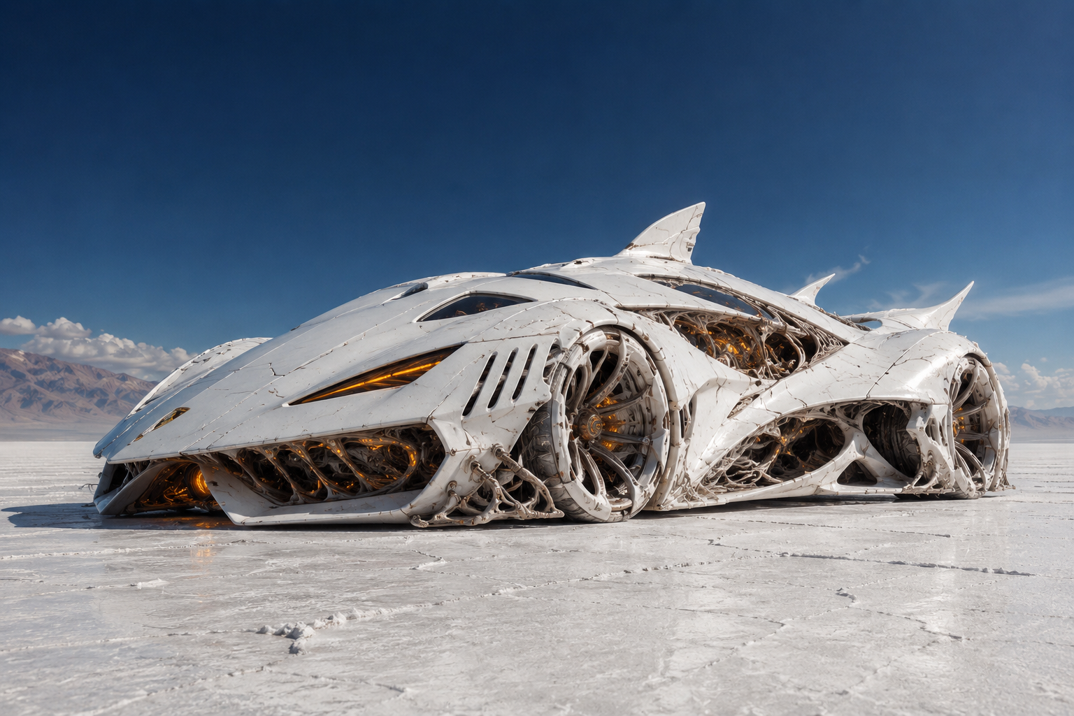 White futuristic vehicle concept on a bright salt flat